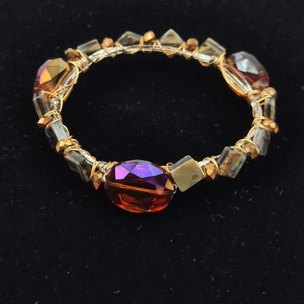 Beaded Wire Bangle Bracelet Abalone Crystal Accent Copper Tone 7.5